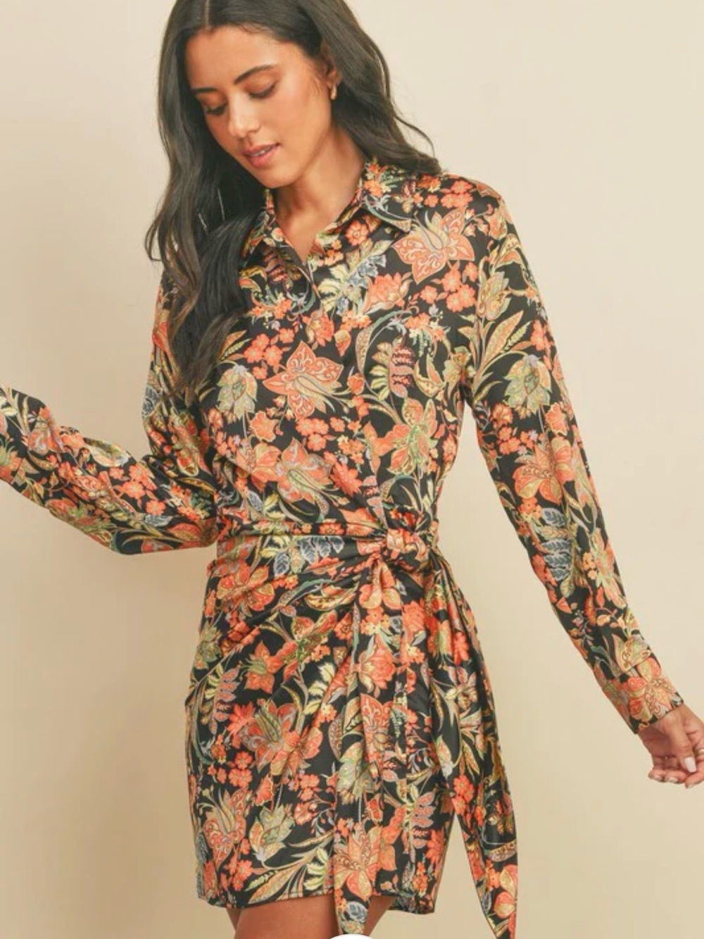 VICI Floral Wrap Satin Long Sleeve Shirt Dress